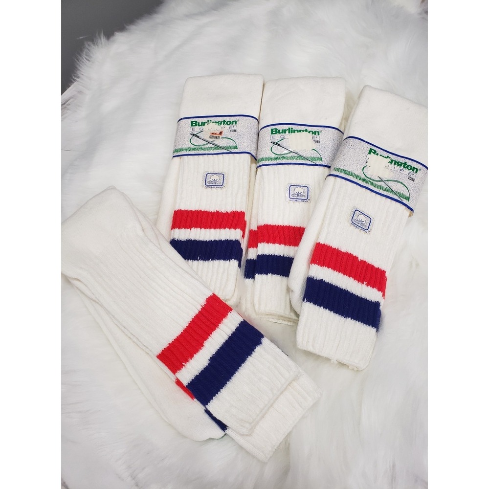 NEW 4 PAIR DEADSTOCK 1980s red blue white TUBE SOCKS burlington equipe mens 6-14